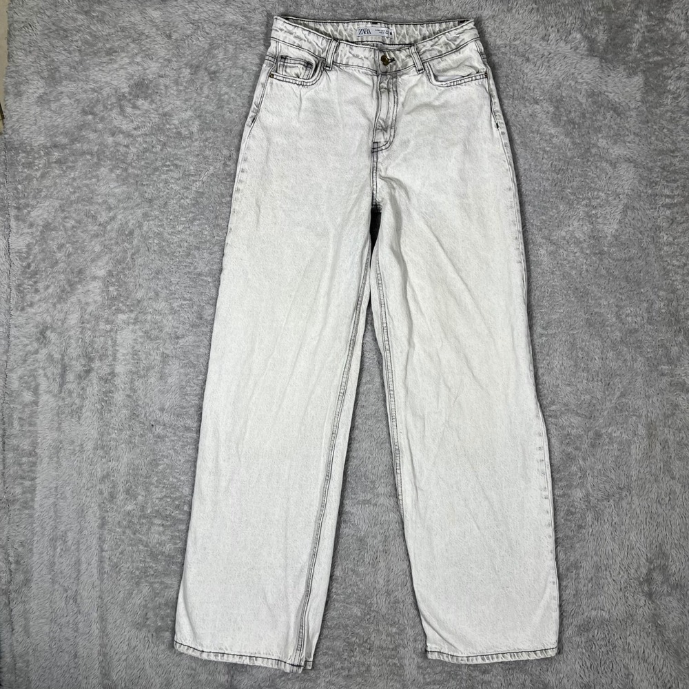 Zara High Waisted Wide Leg Jeans Light Acid Wash Grey Denim Size 4 27x30